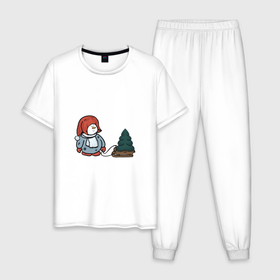 Мужская пижама хлопок с принтом Снеговик с елкой в Тюмени, 100% хлопок | брюки и футболка прямого кроя, без карманов, на брюках мягкая резинка на поясе и по низу штанин
 | 