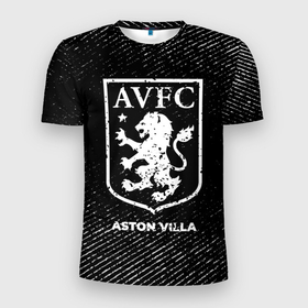 Мужская футболка 3D Slim с принтом Aston Villa с потертостями на темном фоне в Екатеринбурге, 100% полиэстер с улучшенными характеристиками | приталенный силуэт, круглая горловина, широкие плечи, сужается к линии бедра | 