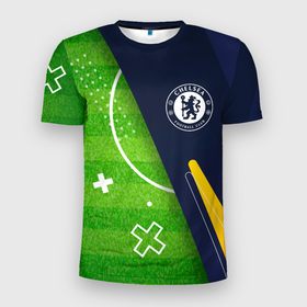 Мужская футболка 3D Slim с принтом Chelsea football field в Петрозаводске, 100% полиэстер с улучшенными характеристиками | приталенный силуэт, круглая горловина, широкие плечи, сужается к линии бедра | 