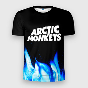 Мужская футболка 3D Slim с принтом Arctic Monkeys blue fire , 100% полиэстер с улучшенными характеристиками | приталенный силуэт, круглая горловина, широкие плечи, сужается к линии бедра | 