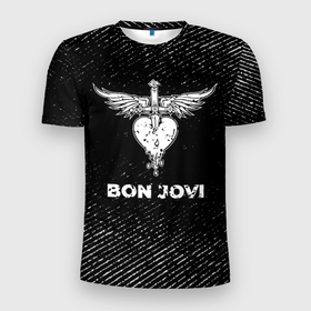 Мужская футболка 3D Slim с принтом Bon Jovi с потертостями на темном фоне в Курске, 100% полиэстер с улучшенными характеристиками | приталенный силуэт, круглая горловина, широкие плечи, сужается к линии бедра | 