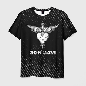 Мужская футболка 3D с принтом Bon Jovi с потертостями на темном фоне в Курске, 100% полиэфир | прямой крой, круглый вырез горловины, длина до линии бедер | Тематика изображения на принте: 