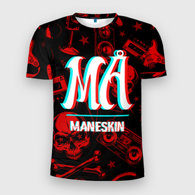 Мужская футболка 3D Slim с принтом Maneskin rock glitch в Екатеринбурге, 100% полиэстер с улучшенными характеристиками | приталенный силуэт, круглая горловина, широкие плечи, сужается к линии бедра | Тематика изображения на принте: 