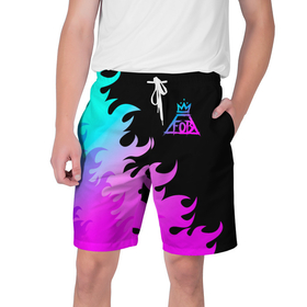 Мужские шорты 3D с принтом Fall Out Boy неоновый огонь в Тюмени,  полиэстер 100% | прямой крой, два кармана без застежек по бокам. Мягкая трикотажная резинка на поясе, внутри которой широкие завязки. Длина чуть выше колен | Тематика изображения на принте: 
