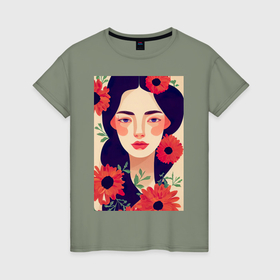 Женская футболка хлопок с принтом Романтичная девушка в цветах в Курске, 100% хлопок | прямой крой, круглый вырез горловины, длина до линии бедер, слегка спущенное плечо | 