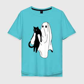 Мужская футболка хлопок Oversize с принтом Призрак держит чёрного кота в Кировске, 100% хлопок | свободный крой, круглый ворот, “спинка” длиннее передней части | 