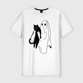 Мужская футболка хлопок Slim с принтом Призрак держит чёрного кота в Кировске, 92% хлопок, 8% лайкра | приталенный силуэт, круглый вырез ворота, длина до линии бедра, короткий рукав | 
