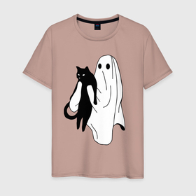 Мужская футболка хлопок с принтом Призрак держит чёрного кота в Санкт-Петербурге, 100% хлопок | прямой крой, круглый вырез горловины, длина до линии бедер, слегка спущенное плечо. | 