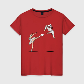 Женская футболка хлопок с принтом Балерина бьёт ногой каратиста   шутка в Белгороде, 100% хлопок | прямой крой, круглый вырез горловины, длина до линии бедер, слегка спущенное плечо | 