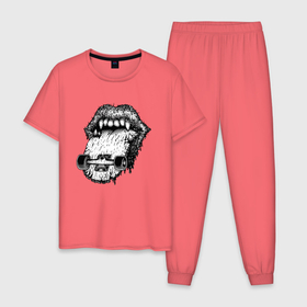 Мужская пижама хлопок с принтом Высунутый язык скейтборд , 100% хлопок | брюки и футболка прямого кроя, без карманов, на брюках мягкая резинка на поясе и по низу штанин
 | 