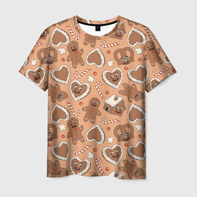 Мужская футболка 3D с принтом Новогодний паттерн с печеньем в Екатеринбурге, 100% полиэфир | прямой крой, круглый вырез горловины, длина до линии бедер | Тематика изображения на принте: 