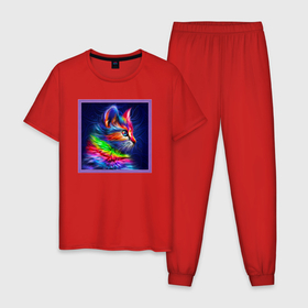 Мужская пижама хлопок с принтом Радужный котёнок   Pop Art в Тюмени, 100% хлопок | брюки и футболка прямого кроя, без карманов, на брюках мягкая резинка на поясе и по низу штанин
 | 