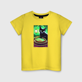 Детская футболка хлопок с принтом Черная кошка играет с золотой цепью в Новосибирске, 100% хлопок | круглый вырез горловины, полуприлегающий силуэт, длина до линии бедер | Тематика изображения на принте: 