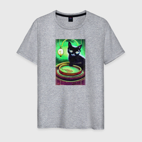 Мужская футболка хлопок с принтом Черная кошка играет с золотой цепью в Кировске, 100% хлопок | прямой крой, круглый вырез горловины, длина до линии бедер, слегка спущенное плечо. | 