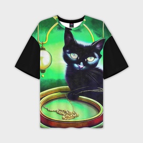 Мужская футболка OVERSIZE 3D с принтом Симпатичный черный кот с большими зелеными глазами играет с золотой цепочкой в Тюмени,  |  | 