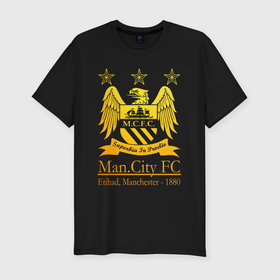 Мужская футболка хлопок Slim с принтом Manchester City gold в Тюмени, 92% хлопок, 8% лайкра | приталенный силуэт, круглый вырез ворота, длина до линии бедра, короткий рукав | Тематика изображения на принте: 