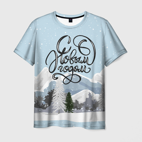 Мужская футболка 3D с принтом Снежные горы   с Новым Годом , 100% полиэфир | прямой крой, круглый вырез горловины, длина до линии бедер | Тематика изображения на принте: 