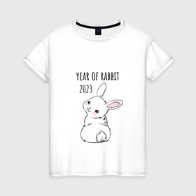 Женская футболка хлопок с принтом Белый кролик   символ 2023 года , 100% хлопок | прямой крой, круглый вырез горловины, длина до линии бедер, слегка спущенное плечо | 