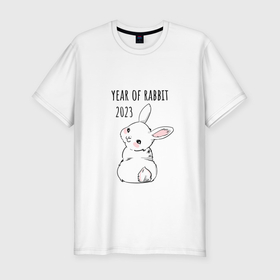 Мужская футболка хлопок Slim с принтом Белый кролик   символ 2023 года в Белгороде, 92% хлопок, 8% лайкра | приталенный силуэт, круглый вырез ворота, длина до линии бедра, короткий рукав | 