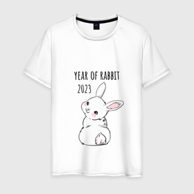Мужская футболка хлопок с принтом Белый кролик   символ 2023 года в Курске, 100% хлопок | прямой крой, круглый вырез горловины, длина до линии бедер, слегка спущенное плечо. | 