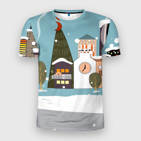 Мужская футболка 3D Slim с принтом Новогодний  городок в Тюмени, 100% полиэстер с улучшенными характеристиками | приталенный силуэт, круглая горловина, широкие плечи, сужается к линии бедра | Тематика изображения на принте: 