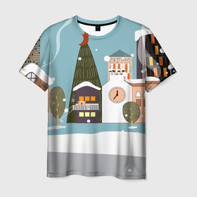 Мужская футболка 3D с принтом Новогодний  городок , 100% полиэфир | прямой крой, круглый вырез горловины, длина до линии бедер | 