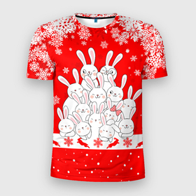 Мужская футболка 3D Slim с принтом Новогодняя елка в виде кроликов в Белгороде, 100% полиэстер с улучшенными характеристиками | приталенный силуэт, круглая горловина, широкие плечи, сужается к линии бедра | Тематика изображения на принте: 