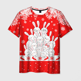 Мужская футболка 3D с принтом Новогодняя елка в виде кроликов , 100% полиэфир | прямой крой, круглый вырез горловины, длина до линии бедер | 