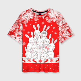Женская футболка oversize 3D с принтом Новогодняя елка в виде кроликов в Белгороде,  |  | Тематика изображения на принте: 