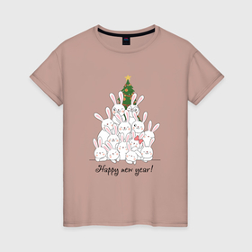 Женская футболка хлопок с принтом Кролики и новогодняя елка в Белгороде, 100% хлопок | прямой крой, круглый вырез горловины, длина до линии бедер, слегка спущенное плечо | Тематика изображения на принте: 