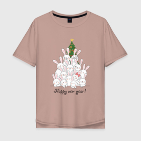 Мужская футболка хлопок Oversize с принтом Кролики и новогодняя елка в Белгороде, 100% хлопок | свободный крой, круглый ворот, “спинка” длиннее передней части | Тематика изображения на принте: 