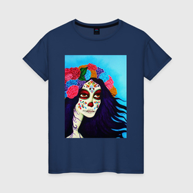 Женская футболка хлопок с принтом Picture santa muerte в Тюмени, 100% хлопок | прямой крой, круглый вырез горловины, длина до линии бедер, слегка спущенное плечо | Тематика изображения на принте: 