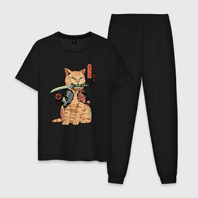 Мужская пижама хлопок с принтом Кот самурай с вакидзаси в Белгороде, 100% хлопок | брюки и футболка прямого кроя, без карманов, на брюках мягкая резинка на поясе и по низу штанин
 | 