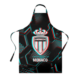 Фартук 3D с принтом Monaco FC в стиле glitch на темном фоне в Екатеринбурге, 100% полиэстер | общий размер — 65 х 85 см, ширина нагрудника — 26 см, горловина — 53 см, длина завязок — 54 см, общий обхват в поясе — 173 см. Принт на завязках и на горловине наносится с двух сторон, на основной части фартука — только с внешней стороны | Тематика изображения на принте: 