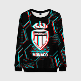 Мужской свитшот 3D с принтом Monaco FC в стиле glitch на темном фоне в Кировске, 100% полиэстер с мягким внутренним слоем | круглый вырез горловины, мягкая резинка на манжетах и поясе, свободная посадка по фигуре | 