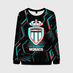 Мужской свитшот 3D с принтом Monaco FC в стиле glitch на темном фоне в Кировске, 100% полиэстер с мягким внутренним слоем | круглый вырез горловины, мягкая резинка на манжетах и поясе, свободная посадка по фигуре | Тематика изображения на принте: 