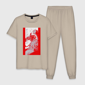 Мужская пижама хлопок с принтом Дэндзи Chainsaw Man в Санкт-Петербурге, 100% хлопок | брюки и футболка прямого кроя, без карманов, на брюках мягкая резинка на поясе и по низу штанин
 | 