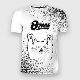 Мужская футболка 3D Slim с принтом David Bowie рок кот на светлом фоне в Санкт-Петербурге, 100% полиэстер с улучшенными характеристиками | приталенный силуэт, круглая горловина, широкие плечи, сужается к линии бедра | 