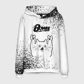 Мужская толстовка 3D с принтом David Bowie рок кот на светлом фоне в Екатеринбурге, 100% полиэстер | двухслойный капюшон со шнурком для регулировки, мягкие манжеты на рукавах и по низу толстовки, спереди карман-кенгуру с мягким внутренним слоем. | 
