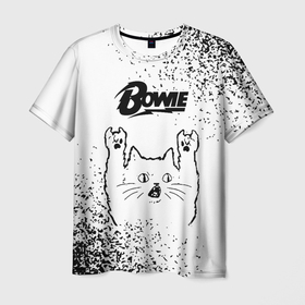 Мужская футболка 3D с принтом David Bowie рок кот на светлом фоне в Тюмени, 100% полиэфир | прямой крой, круглый вырез горловины, длина до линии бедер | 