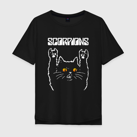 Мужская футболка хлопок Oversize с принтом Scorpions rock cat в Новосибирске, 100% хлопок | свободный крой, круглый ворот, “спинка” длиннее передней части | 