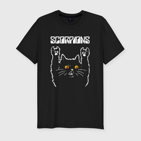 Мужская футболка хлопок Slim с принтом Scorpions rock cat в Новосибирске, 92% хлопок, 8% лайкра | приталенный силуэт, круглый вырез ворота, длина до линии бедра, короткий рукав | 
