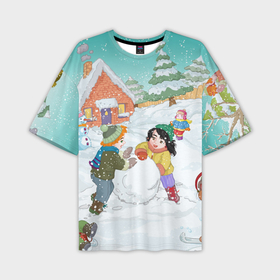 Мужская футболка OVERSIZE 3D с принтом Новогодние каникулы   дети лепят снеговика в Тюмени,  |  | 