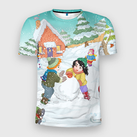 Мужская футболка 3D Slim с принтом Новогодние каникулы   дети лепят снеговика в Санкт-Петербурге, 100% полиэстер с улучшенными характеристиками | приталенный силуэт, круглая горловина, широкие плечи, сужается к линии бедра | 