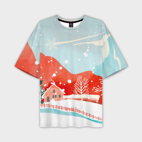 Мужская футболка OVERSIZE 3D с принтом Зимние новогодние горы ,  |  | 
