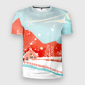 Мужская футболка 3D Slim с принтом Зимние новогодние горы , 100% полиэстер с улучшенными характеристиками | приталенный силуэт, круглая горловина, широкие плечи, сужается к линии бедра | Тематика изображения на принте: 