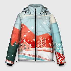 Мужская зимняя куртка 3D с принтом Зимние новогодние горы в Новосибирске, верх — 100% полиэстер; подкладка — 100% полиэстер; утеплитель — 100% полиэстер | длина ниже бедра, свободный силуэт Оверсайз. Есть воротник-стойка, отстегивающийся капюшон и ветрозащитная планка. 

Боковые карманы с листочкой на кнопках и внутренний карман на молнии. | 