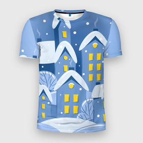 Мужская футболка 3D Slim с принтом Маленький новогодний городок в Санкт-Петербурге, 100% полиэстер с улучшенными характеристиками | приталенный силуэт, круглая горловина, широкие плечи, сужается к линии бедра | Тематика изображения на принте: 