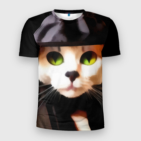 Мужская футболка 3D Slim с принтом Белая кошка с зелеными глазами в черной шляпе ведьмы в Кировске, 100% полиэстер с улучшенными характеристиками | приталенный силуэт, круглая горловина, широкие плечи, сужается к линии бедра | 