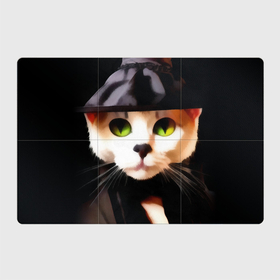 Магнитный плакат 3Х2 с принтом Белая кошка с зелеными глазами в черной шляпе ведьмы в Тюмени, Полимерный материал с магнитным слоем | 6 деталей размером 9*9 см | Тематика изображения на принте: 
